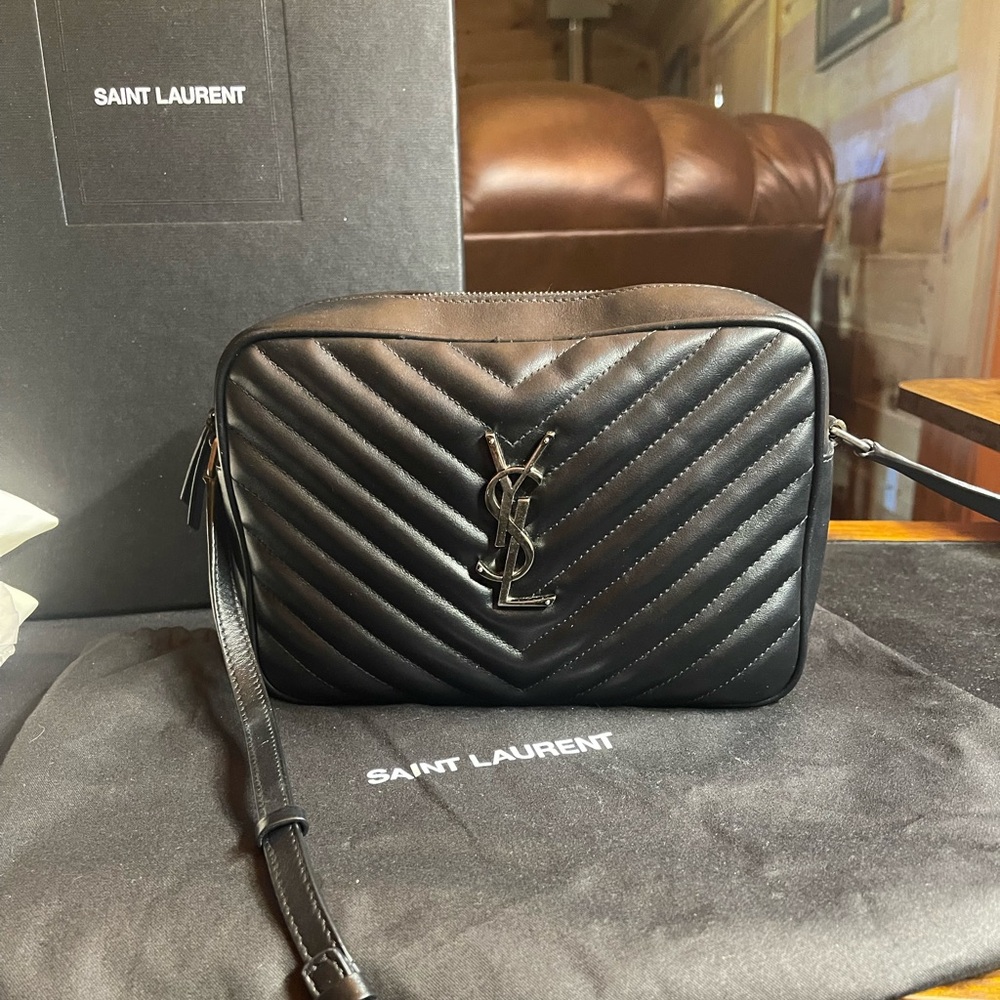 YSL Saint Laurent Lou Medium Leather Camera Zip Shoulder Bag W/ Silver Hardware